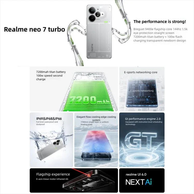 Realme Neo7 Turbo, 16 Go + 512 Go, Android 15 de 6,8 pouces / Realme UI 6.0 MediaTek Dimensity 9400e Octa Core, NFC, Réseau : 5G, Support Google Play, 16 Go + 512 Go