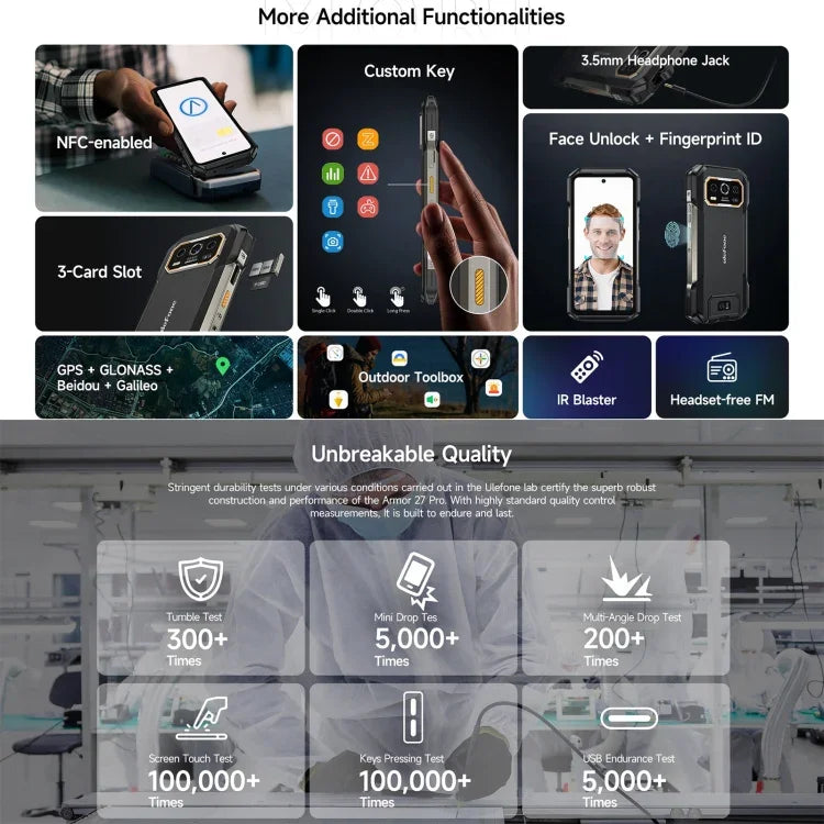 Ulefone Armor 27 Pro, téléphone robuste, 12 Go + 256 Go, vision nocturne, batterie 10 600 mAh, écran 6,78 pouces, Android 14, processeur octocœur MediaTek Dimensity 6300, réseau : 5G, NFC, Armor 27 Pro