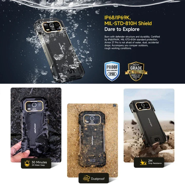 Ulefone Armor 27 Pro, téléphone robuste, 12 Go + 256 Go, vision nocturne, batterie 10 600 mAh, écran 6,78 pouces, Android 14, processeur octocœur MediaTek Dimensity 6300, réseau : 5G, NFC, Armor 27 Pro