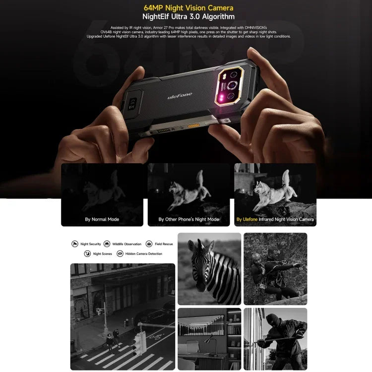 Ulefone Armor 27 Pro, téléphone robuste, 12 Go + 256 Go, vision nocturne, batterie 10 600 mAh, écran 6,78 pouces, Android 14, processeur octocœur MediaTek Dimensity 6300, réseau : 5G, NFC, Armor 27 Pro