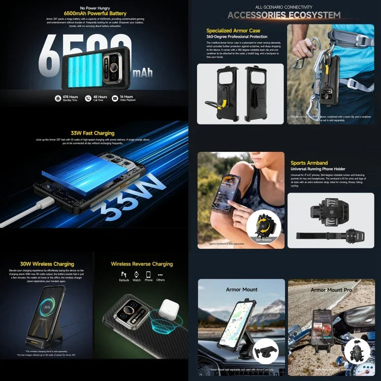 Ulefone Armor 25T, téléphone robuste, 6 Go + 256 Go, imagerie thermique, écran 6,78 pouces, Android 14, processeur octa-core MediaTek Helio G99, réseau : 4G, NFC, OTG, Armor 25T