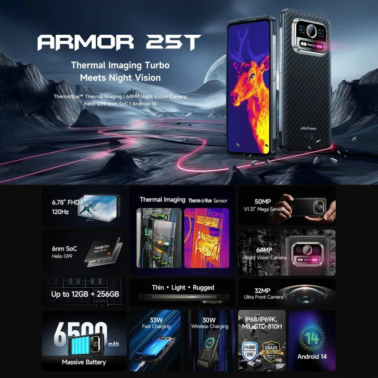 Ulefone Armor 25T, téléphone robuste, 6 Go + 256 Go, imagerie thermique, écran 6,78 pouces, Android 14, processeur octa-core MediaTek Helio G99, réseau : 4G, NFC, OTG, Armor 25T