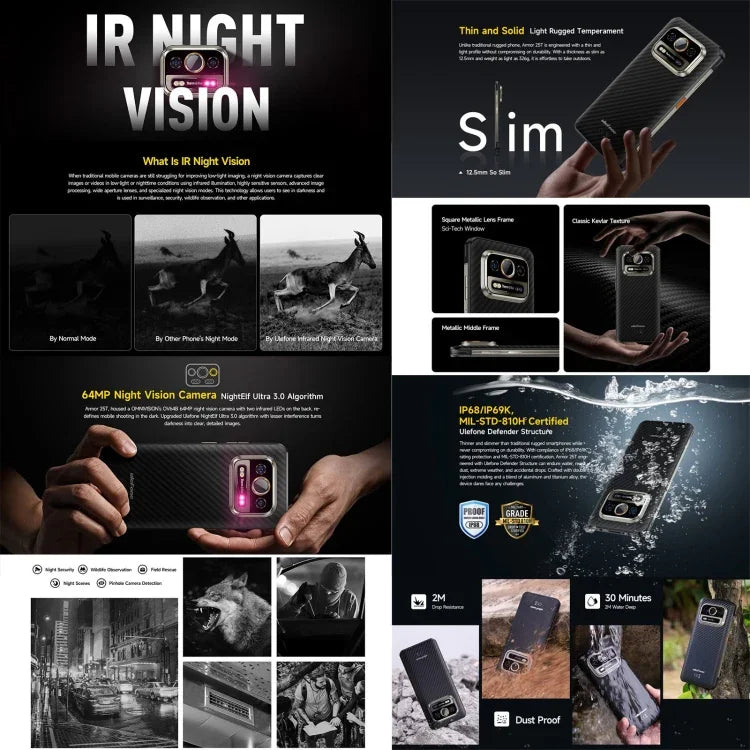 Ulefone Armor 25T, téléphone robuste, 6 Go + 256 Go, imagerie thermique, écran 6,78 pouces, Android 14, processeur octa-core MediaTek Helio G99, réseau : 4G, NFC, OTG, Armor 25T