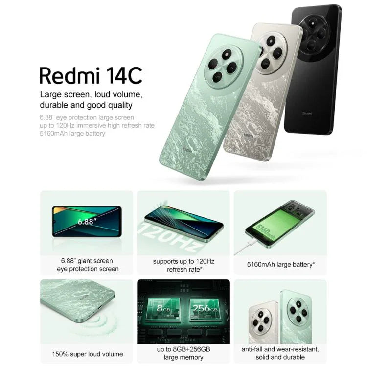 Xiaomi Redmi 14C, 4 Go + 64 Go, écran 6,67 pouces, Xiaomi HyperOS, processeur MediaTek Helio G81-Ultra Octa Core, réseau : 4G, 4 Go + 64 Go