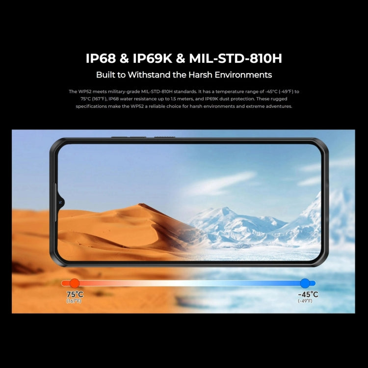 Oukitel WP52 5G, téléphone robuste, 4 Go + 256 Go, écran 6,6 pouces, Android 14.0, processeur octocœur MediaTek Dimensity 6100+ 3 GHz, NFC, OTG, réseau 5G, WP52