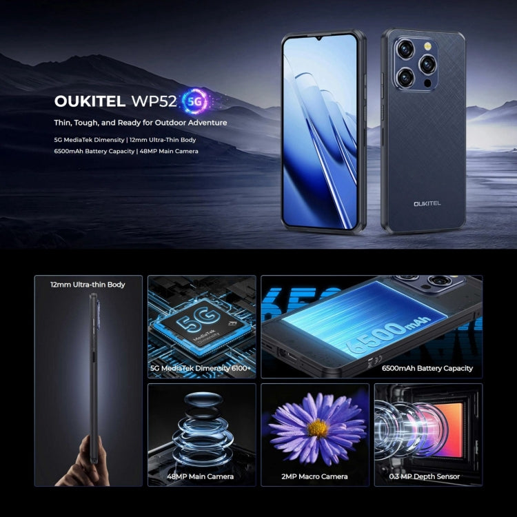 Oukitel WP52 5G, téléphone robuste, 4 Go + 256 Go, écran 6,6 pouces, Android 14.0, processeur octocœur MediaTek Dimensity 6100+ 3 GHz, NFC, OTG, réseau 5G, WP52