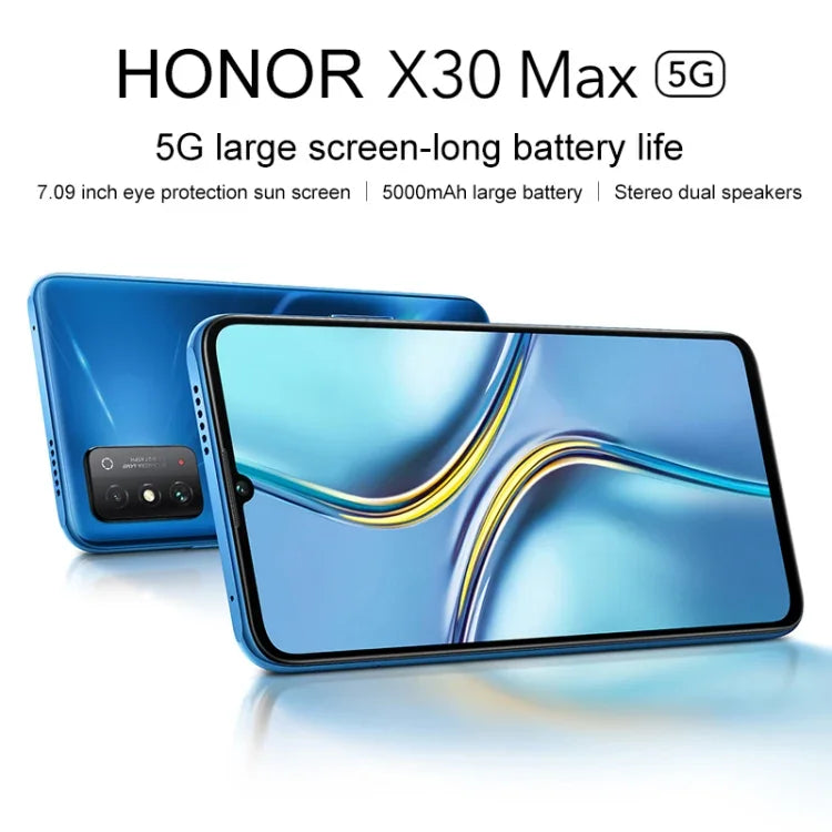 Double caméra arrière, lecteur d'empreintes digitales latéral, batterie 5 000 mAh, écran 7,09 pouces Magic UI 5.0 (Android R), processeur octocœur Dimensity 900 jusqu'à 2,4 GHz, réseau : 5G, NFC, non compatible avec Google Play, X30 Max 5G 8 Go + 128 Go