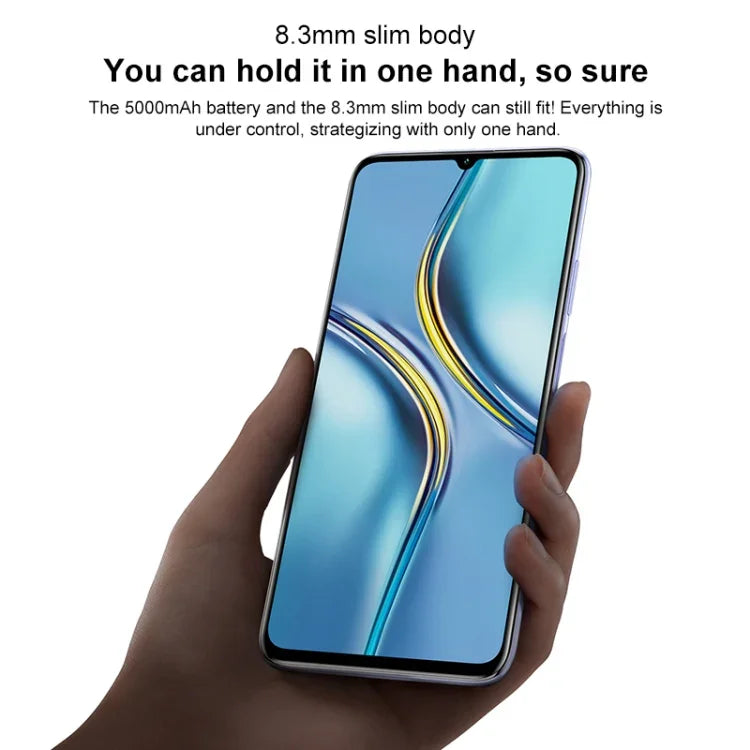 Double caméra arrière, lecteur d'empreintes digitales latéral, batterie 5 000 mAh, écran 7,09 pouces Magic UI 5.0 (Android R), processeur octocœur Dimensity 900 jusqu'à 2,4 GHz, réseau : 5G, NFC, non compatible avec Google Play, X30 Max 5G 8 Go + 128 Go