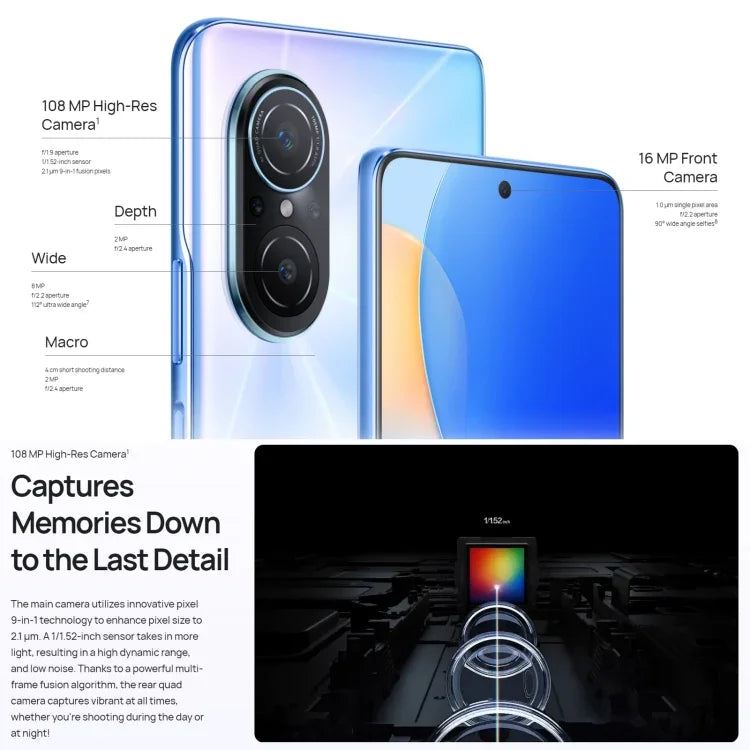 Quadruple caméra arrière, lecteur d'empreintes digitales latéral, écran HarmonyOS 2.0.1 de 6,78 pouces, processeur Qualcomm Snapdragon 680 octocœur jusqu'à 2,4 GHz, réseau : 4G, OTG, non compatible avec Google Play, 8 Go + 128 Go