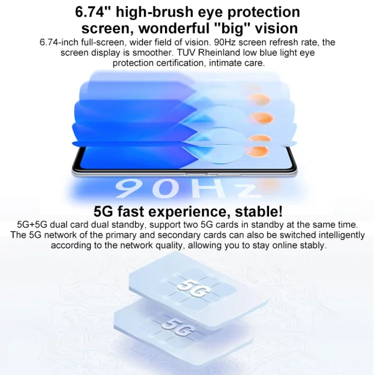 Triple caméra arrière, lecteur d'empreintes digitales latéral, batterie 5 000 mAh, écran 6,74 pouces Magic UI 5.0 (Android 11), processeur MediaTek Dimensity 700 Octa-Core jusqu'à 2,2 GHz, réseau : 5G, OTG, non compatible avec Google Play, 8 Go + 128 Go