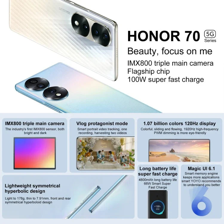 Triple caméras arrière, identification par empreinte digitale sur l'écran, 6,67 pouces Magic UI 6.1 Qualcomm Snapdragon 778G Plus Octa Core jusqu'à 2,5 GHz, Réseau : 5G, OTG, NFC, ne prend pas en charge Google Play, Honor 70 5G 12 Go+512 Go