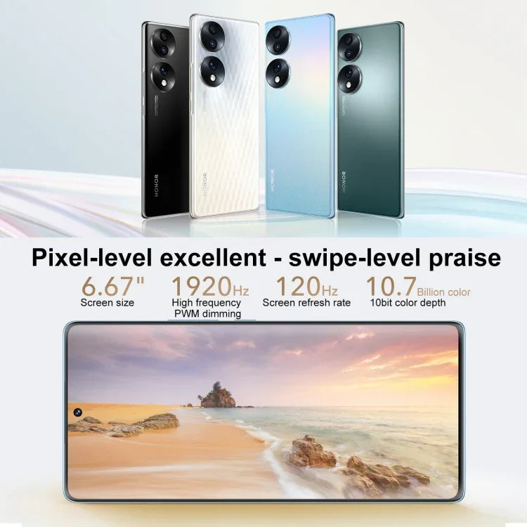 Triple caméras arrière, identification par empreinte digitale sur l'écran, 6,67 pouces Magic UI 6.1 Qualcomm Snapdragon 778G Plus Octa Core jusqu'à 2,5 GHz, Réseau : 5G, OTG, NFC, ne prend pas en charge Google Play, Honor 70 5G 12 Go+512 Go