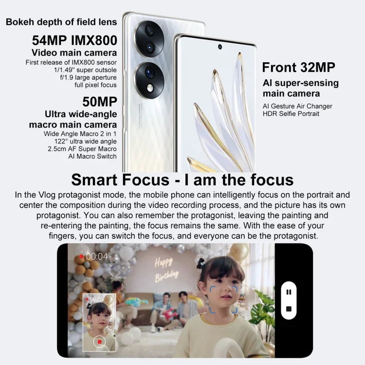 Triple caméras arrière, identification par empreinte digitale sur l'écran, 6,67 pouces Magic UI 6.1 Qualcomm Snapdragon 778G Plus Octa Core jusqu'à 2,5 GHz, Réseau : 5G, OTG, NFC, ne prend pas en charge Google Play, Honor 70 5G 12 Go+512 Go