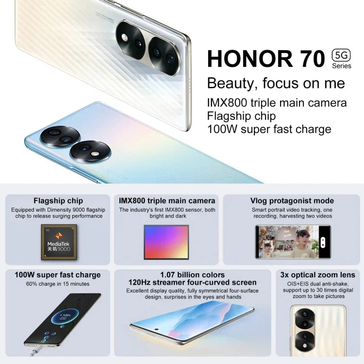 Triple caméra arrière, lecteur d'empreintes digitales sous l'écran, écran Magic UI 6.1 de 6,78 pouces, processeur octa-core Dimensity 9000 jusqu'à 3,05 GHz, connectivité 5G, OTG, NFC, non compatible avec Google Play, Honor 70 Pro+ 5G 8 Go + 256 Go
