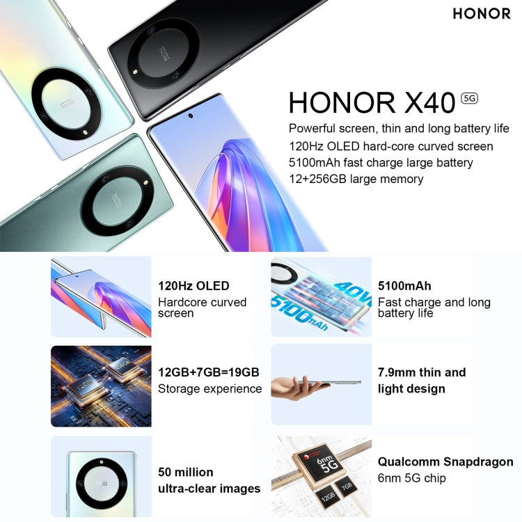Double caméra arrière, lecteur d'empreintes digitales sous l'écran, batterie de 5 100 mAh, écran Magic UI 6.1 de 6,67 pouces / Android 12, processeur Snapdragon 695 octocœur jusqu'à 2,2 GHz, réseau : 5G, OTG, non compatible avec Google Play, 8 Go + 128 Go