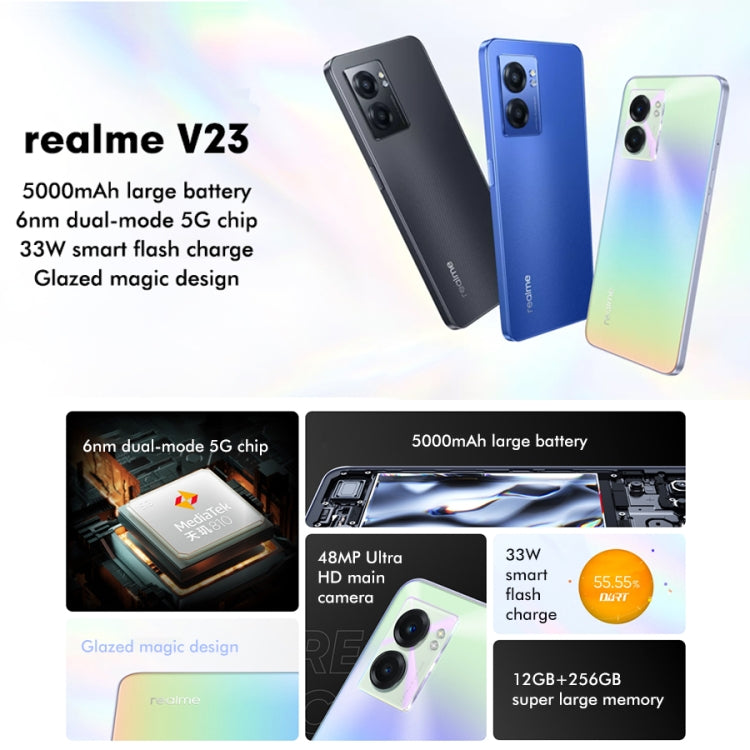 Double caméra arrière, identification latérale par empreinte digitale, batterie 5000 mAh, 6,58 pouces Realme UI 3.0 / Android 12 MediaTek Dimensity 810 Octa Core jusqu'à 2,4 GHz, Réseau : 5G, Support Google Play, 12 Go+256 Go
