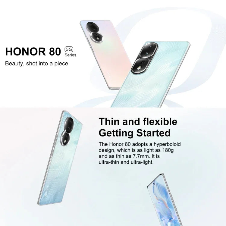 Triple caméra arrière, lecteur d'empreintes digitales sous l'écran, écran Magic UI 7.0 de 6,67 pouces, processeur Qualcomm Snapdragon 782G Octa-Core jusqu'à 2,7 GHz, réseau : 5G, OTG, NFC, non compatible avec Google Play, Honor 80 5G, 8 Go + 256 Go
