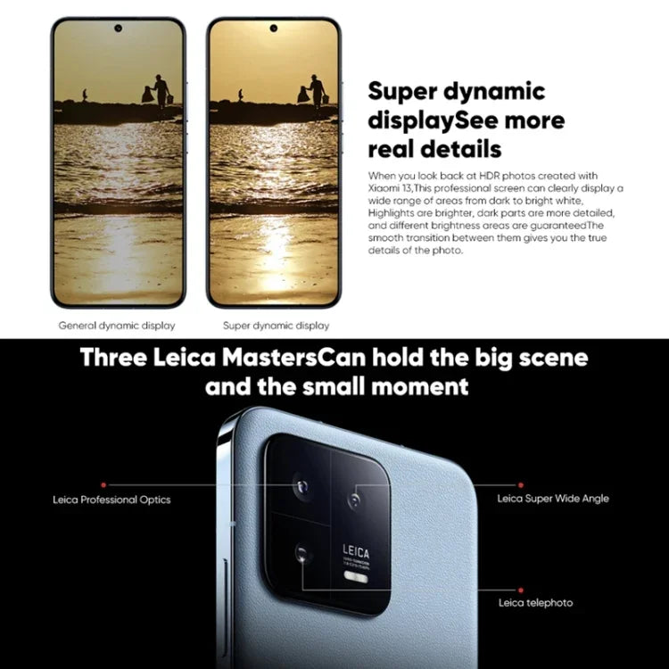 Triple caméra arrière, écran de 6,36 pouces avec lecteur d'empreintes digitales intégré, MIUI 14, processeur Qualcomm Snapdragon 8 Gen 2 octocœur jusqu'à 3,2 GHz, réseau : 5G, NFC, recharge sans fil, Xiaomi 13 12 Go + 256 Go