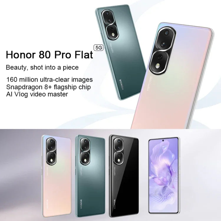 Trois caméras arrière, Identification par empreinte digitale sous l'écran, Magic UI 7.0 de 6,67 pouces, Qualcomm Snapdragon 8+ Gen1 Octa Core jusqu'à 3,0 GHz, Réseau: 5G, OTG, NFC, Ne prend pas en charge Google Play, Honor 80 Pro Plat 5G, 12 Go+256 Go