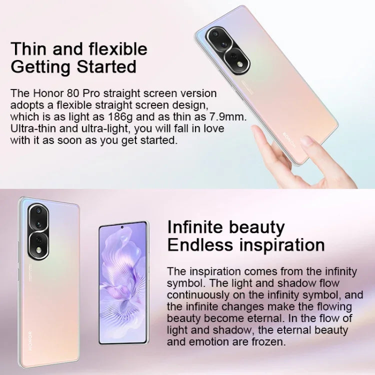 Trois caméras arrière, Identification par empreinte digitale sous l'écran, Magic UI 7.0 de 6,67 pouces, Qualcomm Snapdragon 8+ Gen1 Octa Core jusqu'à 3,0 GHz, Réseau: 5G, OTG, NFC, Ne prend pas en charge Google Play, Honor 80 Pro Plat 5G, 12 Go+256 Go