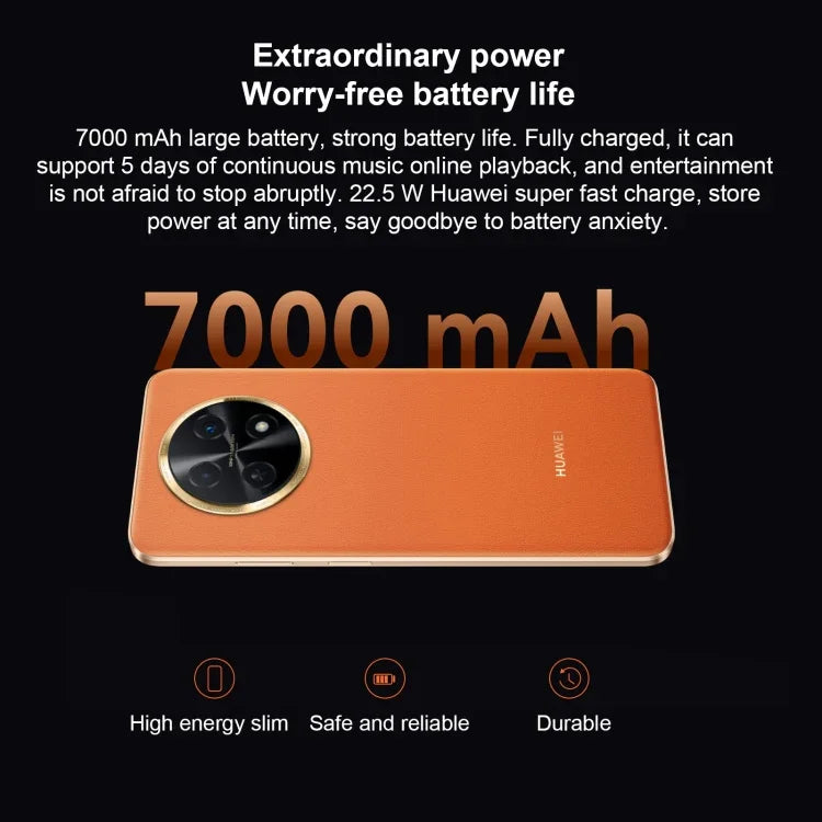 Double caméra arrière, lecteur d'empreintes digitales latéral, batterie 7 000 mAh, écran 6,95 pouces HarmonyOS 3.0, processeur Qualcomm Snapdragon 680 octocœur 2,4 GHz, réseau : 4G, OTG, NFC, non compatible avec Google Play, 512 Go noir, 512 Go orange