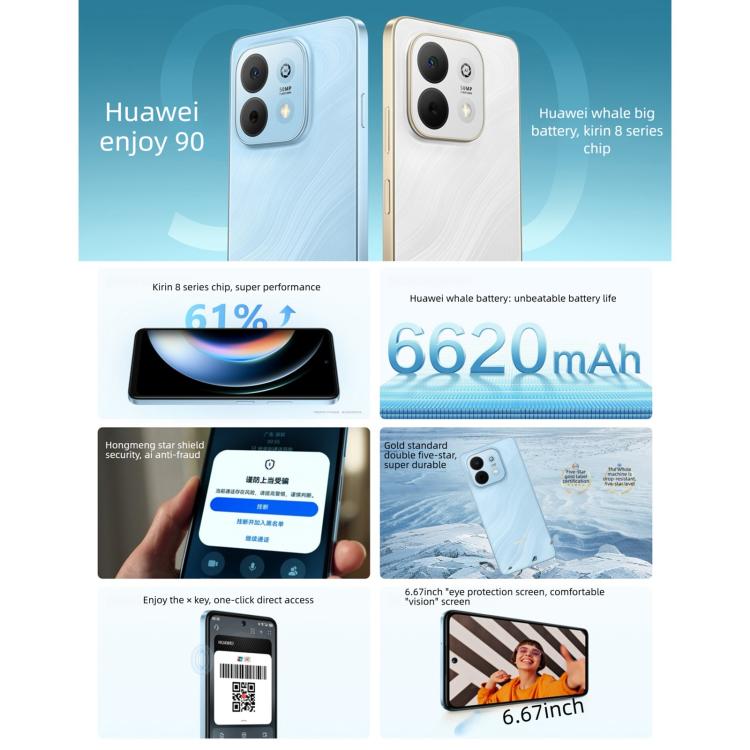 HUAWEI Enjoy 90, 8 Go+128 Go, Empreinte Digitale Latérale, HarmonyOS 6.0 Kirin 8000A de 6,67 pouces, OTG, Ne Prend Pas en Charge Google Play, 8 Go+128 Go