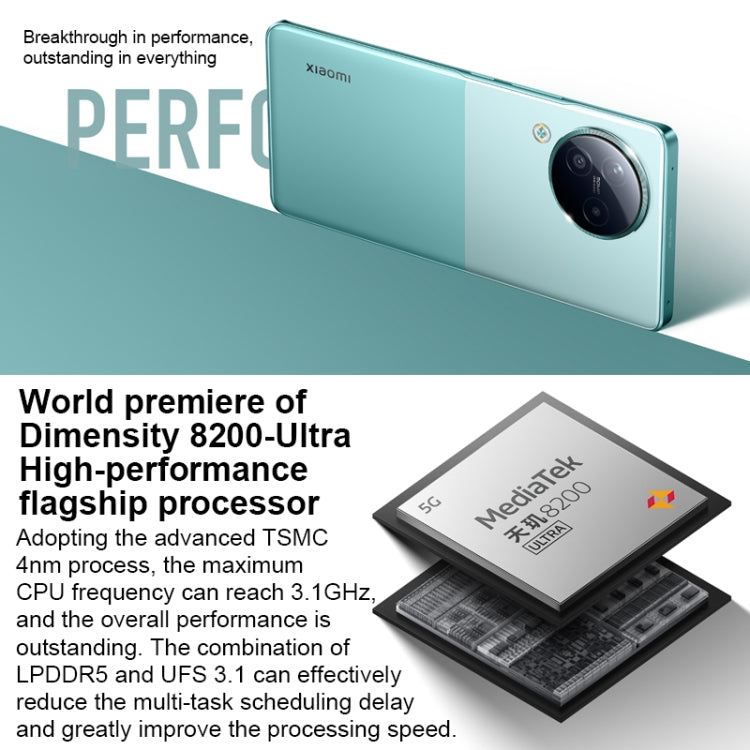 Triple caméra arrière + double caméra frontale, lecteur d'empreintes digitales intégré à l'écran, batterie de 4 500 mAh, écran MIUI 14 de 6,55 pouces, processeur Dimensity 8200 Ultra Octa-Core 4 nm jusqu'à 3,1 GHz, réseau : 5G, NFC, 16 Go + 1 To