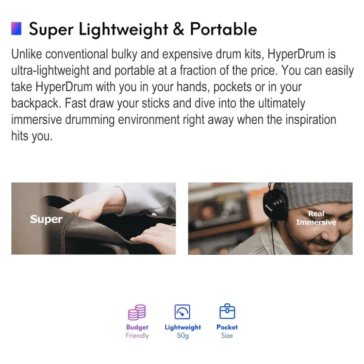 Hyperdrum, batterie virtuelle somatosensorielle, instrument de musique portable intelligent.