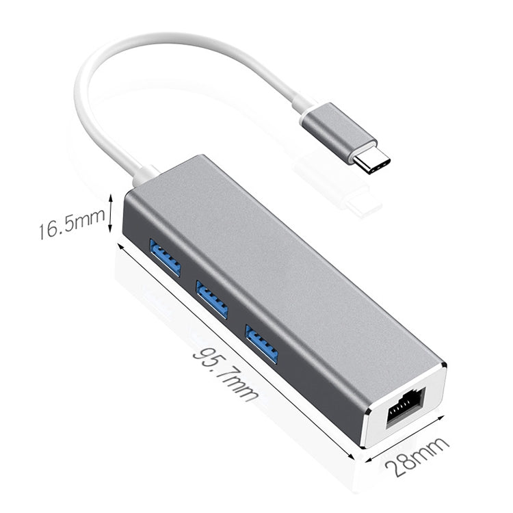 Adaptateur HUB USB-C / Type-C vers Ethernet Gigabit RJ45 & 3 x USB 3.0, ordinateur tablette téléphone universel, Ethernet Gigabit