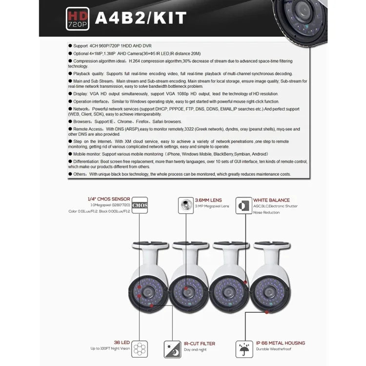 Kit NVR caméra IP Bullet 4Ch A4B2, supporte la vision nocturne / détection de mouvement, distance IR: 20m, A4B2/Kit 720P, A4B2/Kit 1080P, A4B2/Kit 960P
