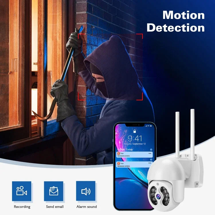 Caméra IP sans fil Tuya QX56 3.0 Mégapixels IP66 étanche 2.4G, supporte Amazon Alexa & Google Home & détection de mouvement & audio bidirectionnel & vision nocturne couleur & carte TF, prise EU, supporte Amazon Alexa & Google Home