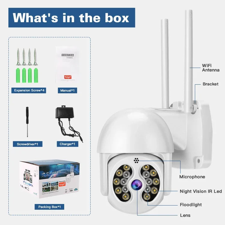 Caméra IP sans fil Tuya QX56 3.0 Mégapixels IP66 étanche 2.4G, supporte Amazon Alexa & Google Home & détection de mouvement & audio bidirectionnel & vision nocturne couleur & carte TF, prise EU, supporte Amazon Alexa & Google Home