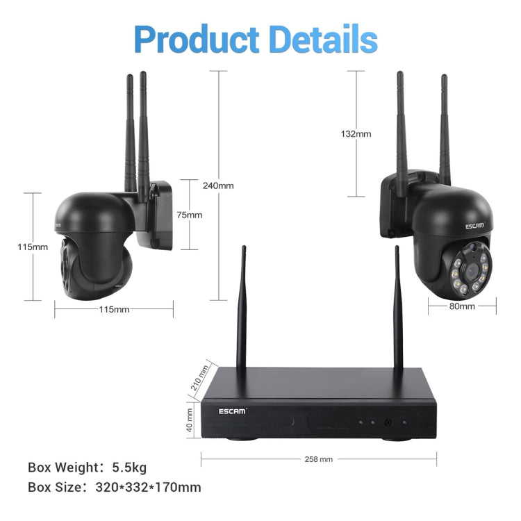 ESCAM WNK618 Système de sécurité NVR HD avec caméra dôme sans fil 3,0 mégapixels à 8 canaux, prise en charge de la détection de mouvement, de l'audio bidirectionnel, de la vision nocturne en couleur et de la carte TF, prise européenne, WNK618