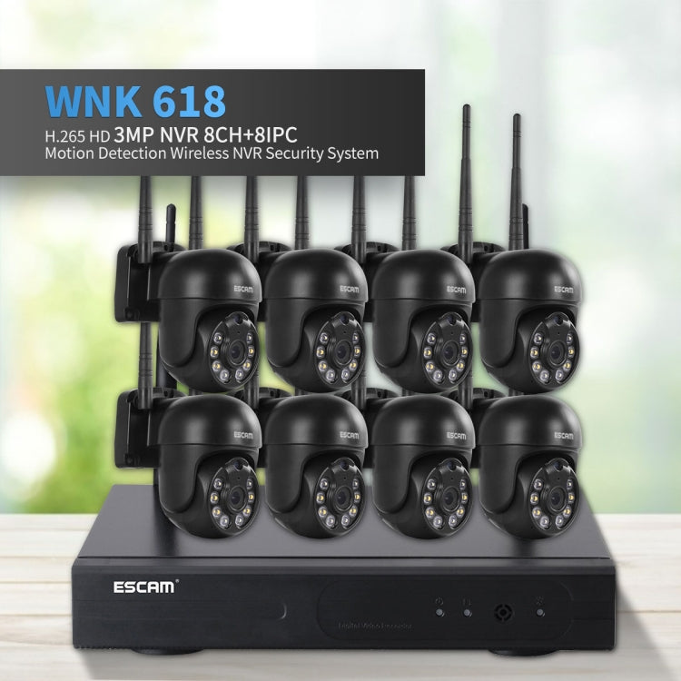 ESCAM WNK618 Système de sécurité NVR HD avec caméra dôme sans fil 3,0 mégapixels à 8 canaux, prise en charge de la détection de mouvement, de l'audio bidirectionnel, de la vision nocturne en couleur et de la carte TF, prise européenne, WNK618