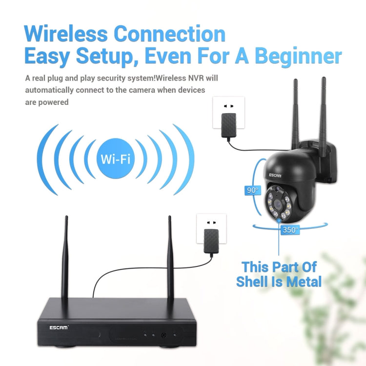 ESCAM WNK618 Système de sécurité NVR HD avec caméra dôme sans fil 3,0 mégapixels à 8 canaux, prise en charge de la détection de mouvement, de l'audio bidirectionnel, de la vision nocturne en couleur et de la carte TF, prise européenne, WNK618