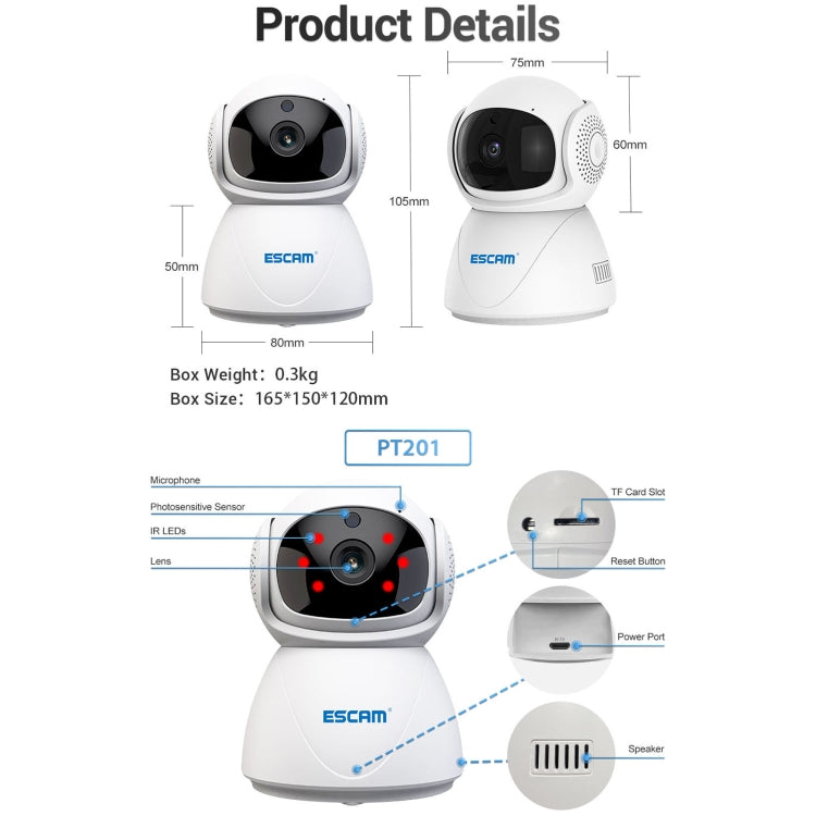 Caméra IP WiFi double bande ESCAM PT201 HD 1080P, prise en charge de la vision nocturne / détection de mouvement / suivi automatique / carte TF / audio bidirectionnel, prise UE, PT201