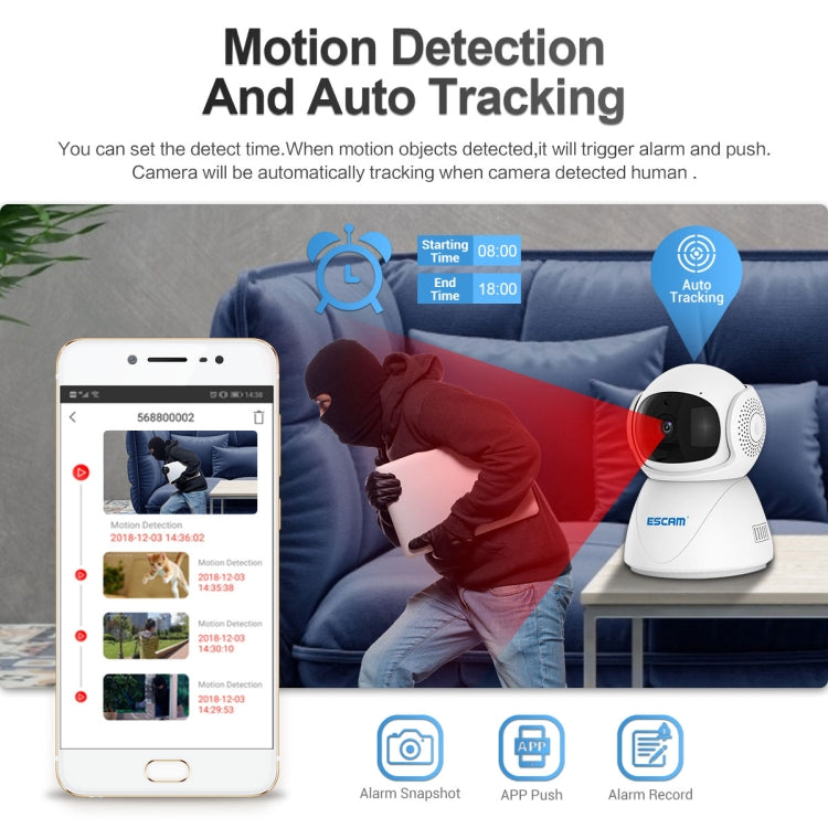 Caméra IP WiFi double bande ESCAM PT201 HD 1080P, prise en charge de la vision nocturne / détection de mouvement / suivi automatique / carte TF / audio bidirectionnel, prise UE, PT201
