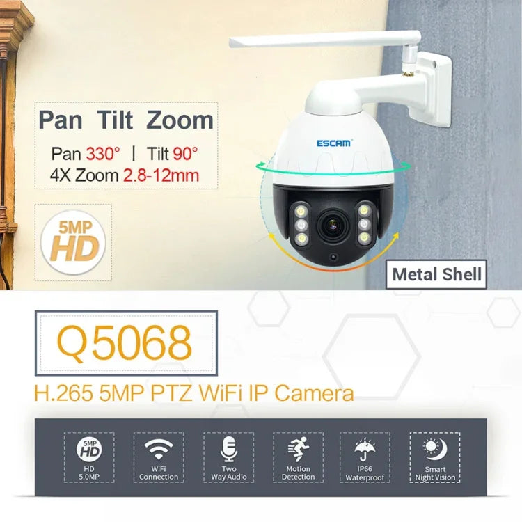 ESCAM Q5068 H.265 5MP Caméra IP WiFi étanche Pan/Tilt/Zoom 4X, Prend en charge ONVIF, Audio bidirectionnel et Vision nocturne, prise AU, prise UK, prise US, prise EU, prise AU