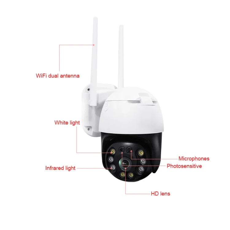 QX36 Caméra WIFI PTZ rotative à 360 degrés, étanche IP65, objectif 3,6 mm, 3,0 Mégapixels, 1080P, supporte la couleur jour et nuit, interphone vocal bidirectionnel, détection humanoïde de mouvement, lecture vidéo et carte TF de 128 Go, prise AU, QX36