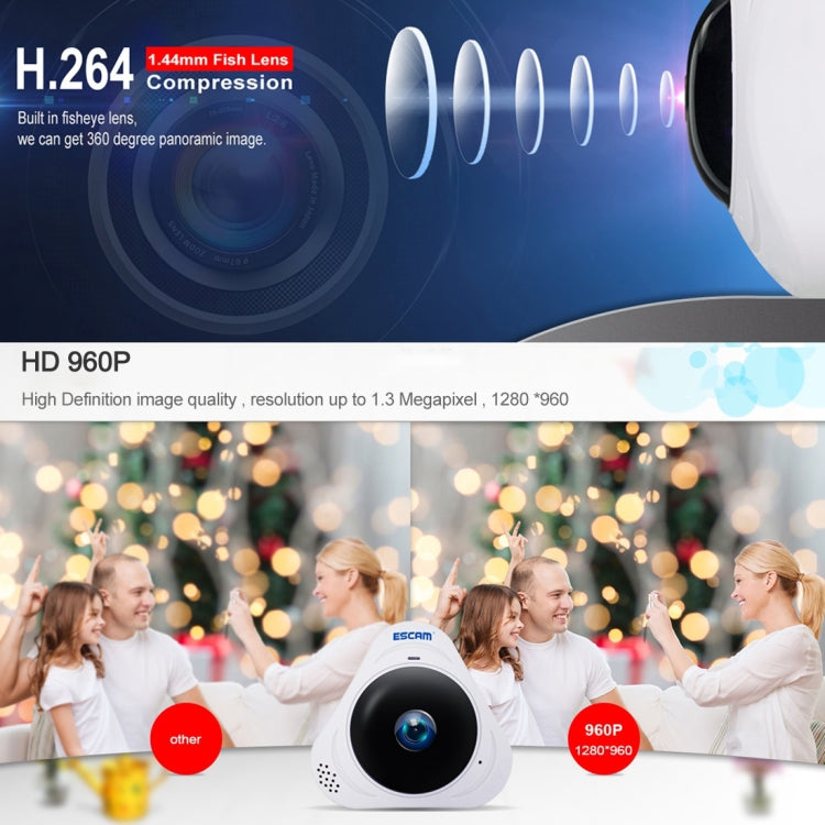 ESCAM Q8 960P Caméra IP WiFi panoramique 360 degrés avec objectif Fisheye 1.3MP, support détection de mouvement / vision nocturne, distance IR: 5-10m, prise AU, Q8 prise US, Q8 prise AU, Q8 prise EU, Q8 prise UK