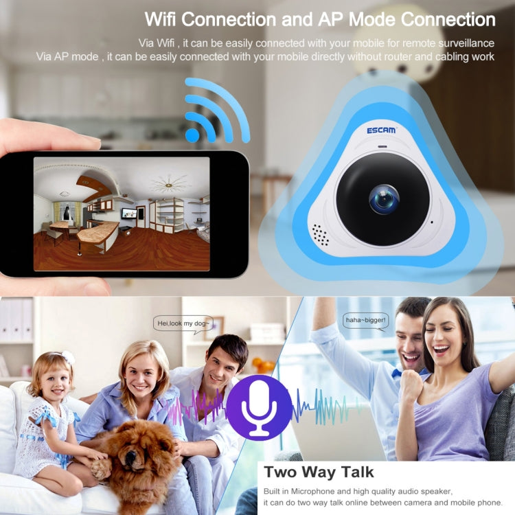ESCAM Q8 960P Caméra IP WiFi panoramique 360 degrés avec objectif Fisheye 1.3MP, support détection de mouvement / vision nocturne, distance IR: 5-10m, prise AU, Q8 prise US, Q8 prise AU, Q8 prise EU, Q8 prise UK