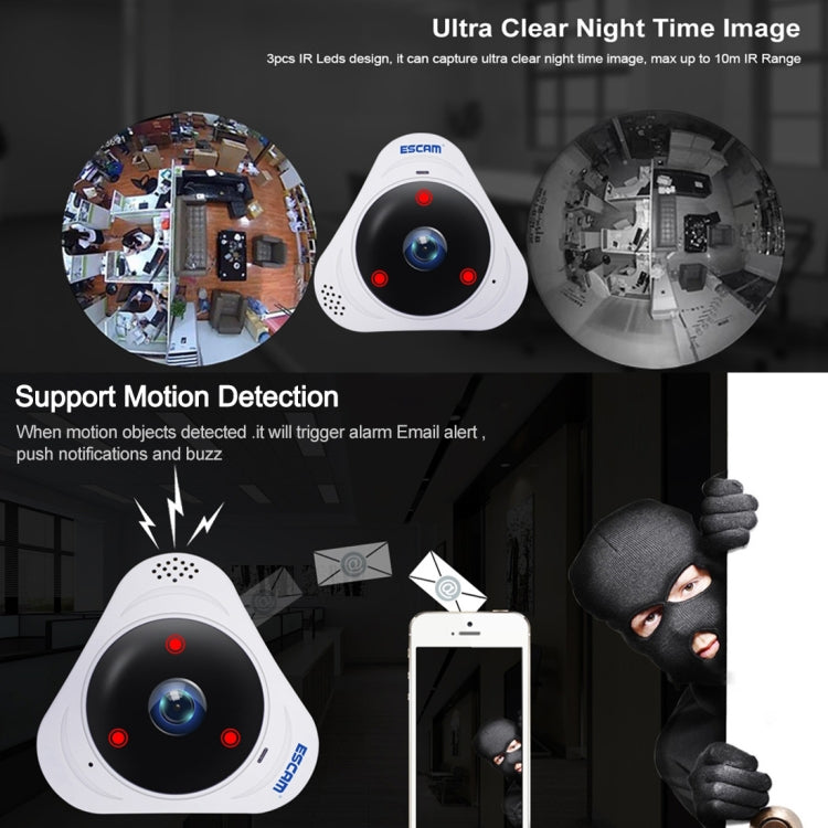 ESCAM Q8 960P Caméra IP WiFi panoramique 360 degrés avec objectif Fisheye 1.3MP, support détection de mouvement / vision nocturne, distance IR: 5-10m, prise AU, Q8 prise US, Q8 prise AU, Q8 prise EU, Q8 prise UK