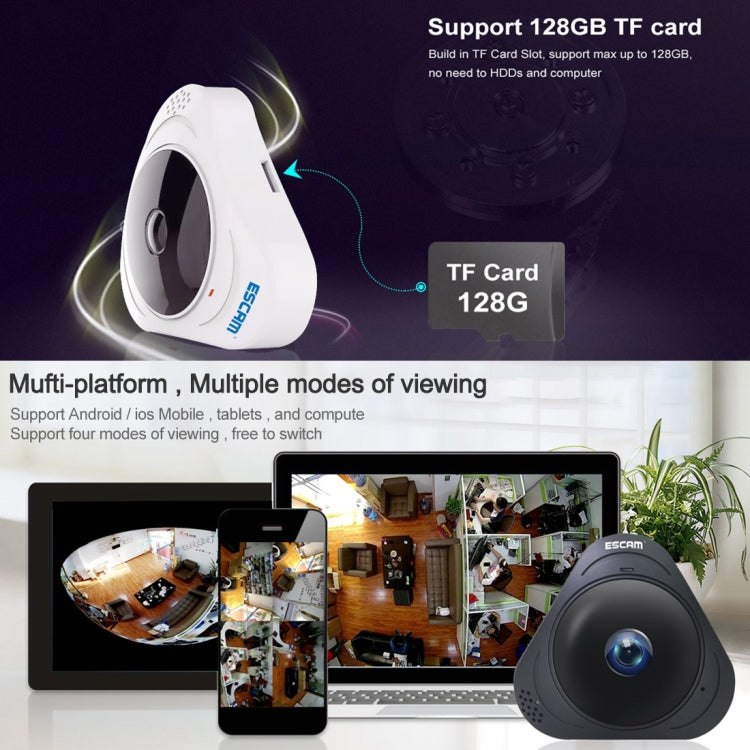 ESCAM Q8 960P Caméra IP WiFi panoramique 360 degrés avec objectif Fisheye 1.3MP, support détection de mouvement / vision nocturne, distance IR: 5-10m, prise AU, Q8 prise US, Q8 prise AU, Q8 prise EU, Q8 prise UK