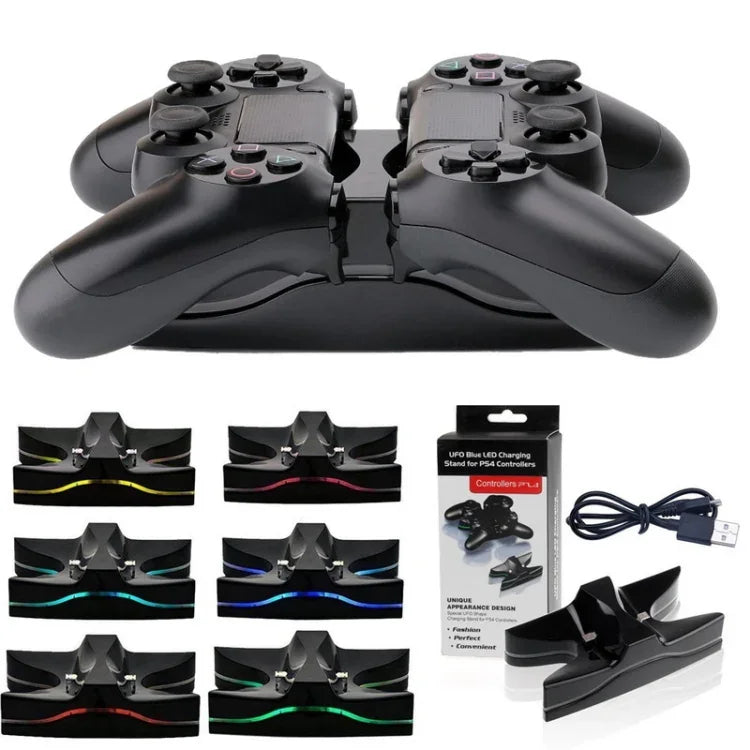 Station de charge spéciale en forme d'OVNI avec 2 ports USB / Support de charge pour manettes PS4 Playstation 4 et LED multicolores.