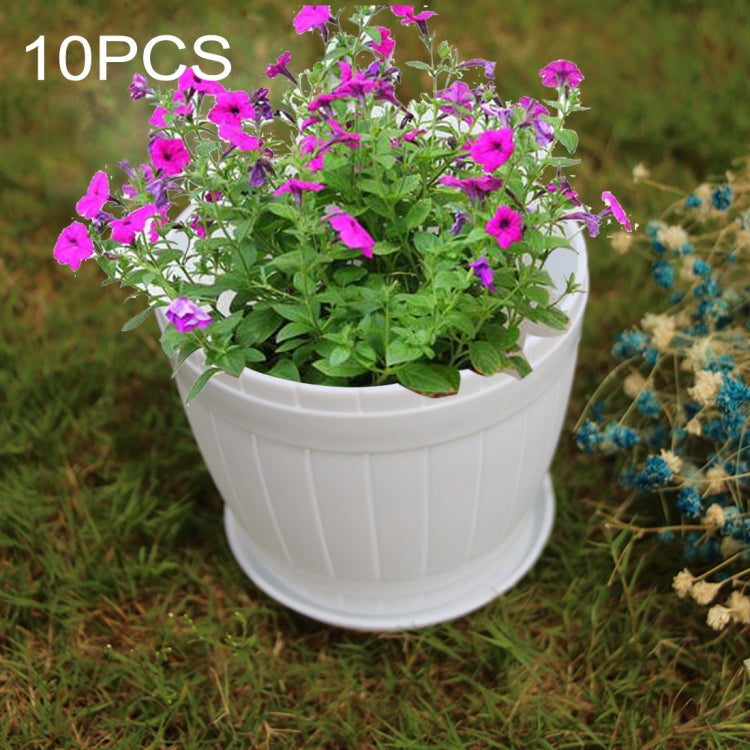 10 pcs Pot à fleurs imitation tonneau en bois en résine plastique avec plateau, diamètre supérieur : 9cm, hauteur : 6,5cm, diamètre supérieur : 9cm