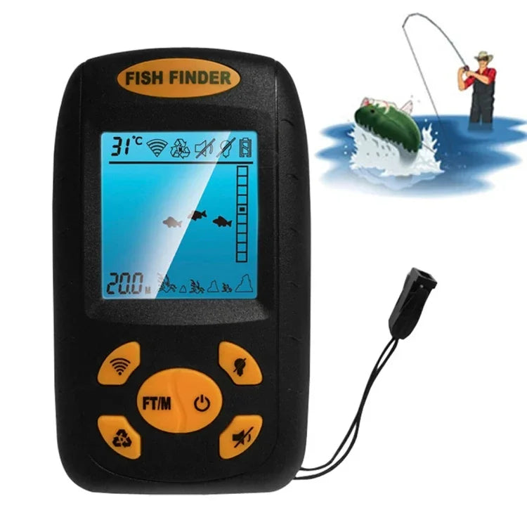 Détecteur de poissons portable à ultrasons, sondeur de profondeur et de température de l'eau avec transducteur de capteur sonar filaire et écran LCD, détecteur de poissons Noir