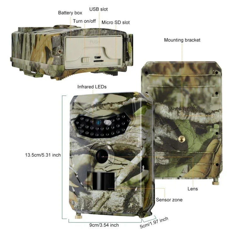 PR-100 Caméra de chasse de sécurité étanche IP54 1MP avec vision nocturne IR, programme Sunplus 1628, angle large 120 degrés, angle de détection PIR 100 degrés, PR100