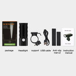 Lumière de vélo avant à LED BX2 rechargeable USB (3 heures, perles de lampe L2), 3 heures, perles de lampe L2