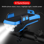 Cloche de vélo multifonction 4 en 1 avec support téléphone, lampe de vélo et lampe de poche, Support téléphone 4 en 1