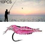 10 pièces d'appâts souples artificiels crevettes de pêche 4cm Leurre Popper avec hameçon, crevette verte avec hameçon, crevette transparente avec hameçon, crevette artificielle avec hameçon, crevette lumineuse avec hameçon, crevette rose avec hameçon